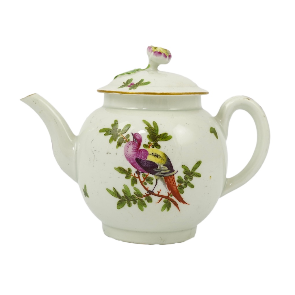 A Worcester teapot, hand painted with birds and foliage, c.1775, 17cm wide